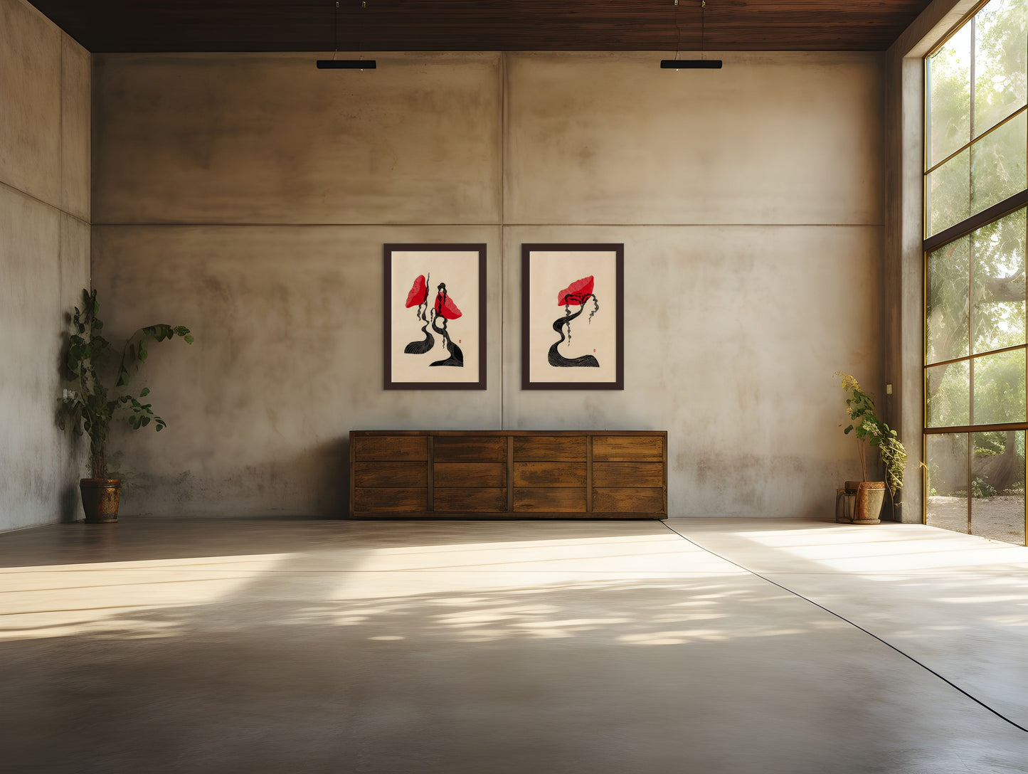 Modern interior with concrete walls, wooden cabinet, and framed artwork.