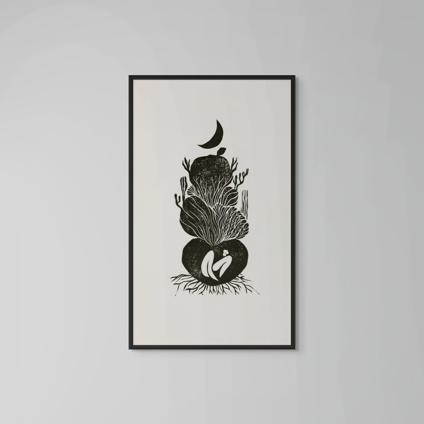 Framed black and white artwork on a gray wall of My Cave limited edition linocut print on Japanese washi paper, 90x30 cm
