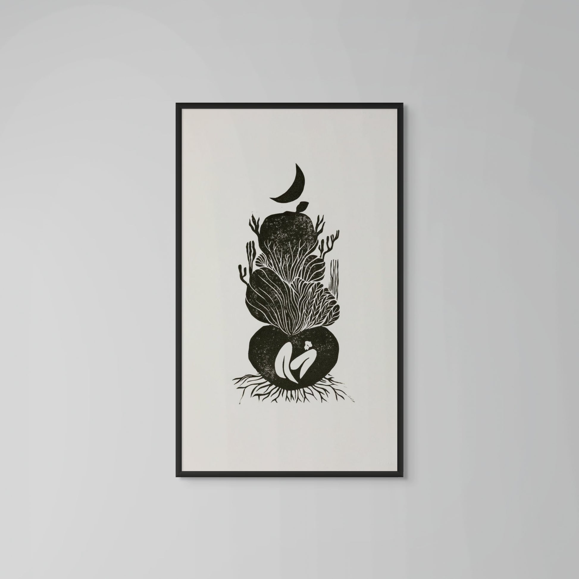 Framed black and white artwork on a gray wall of My Cave limited edition linocut print on Japanese washi paper, 90x30 cm
