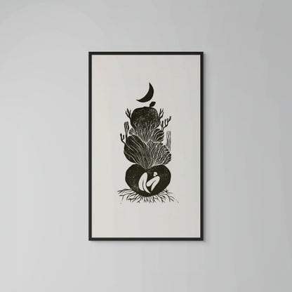 Framed black and white artwork on a gray wall of My Cave limited edition linocut print on Japanese washi paper, 90x30 cm

