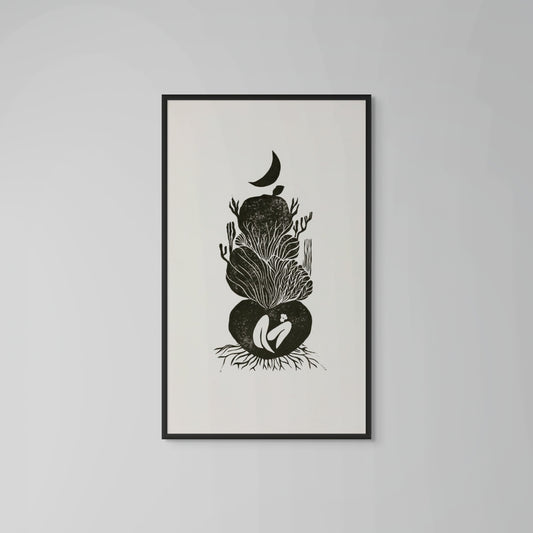 Framed black and white artwork on a gray wall of My Cave limited edition linocut print on Japanese washi paper, 90x30 cm
