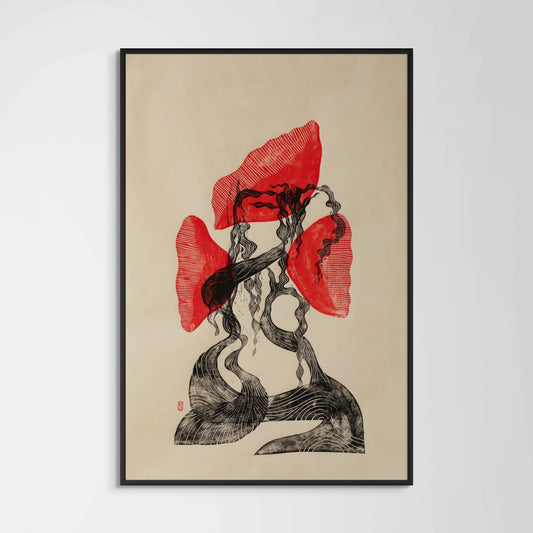 Framed artwork with red and black abstract design on beige background