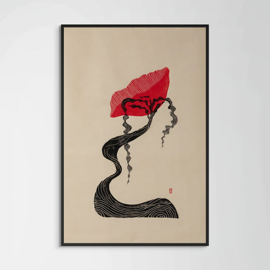 Framed artwork of a red flower with with a black wavy stem on beige japanese paper