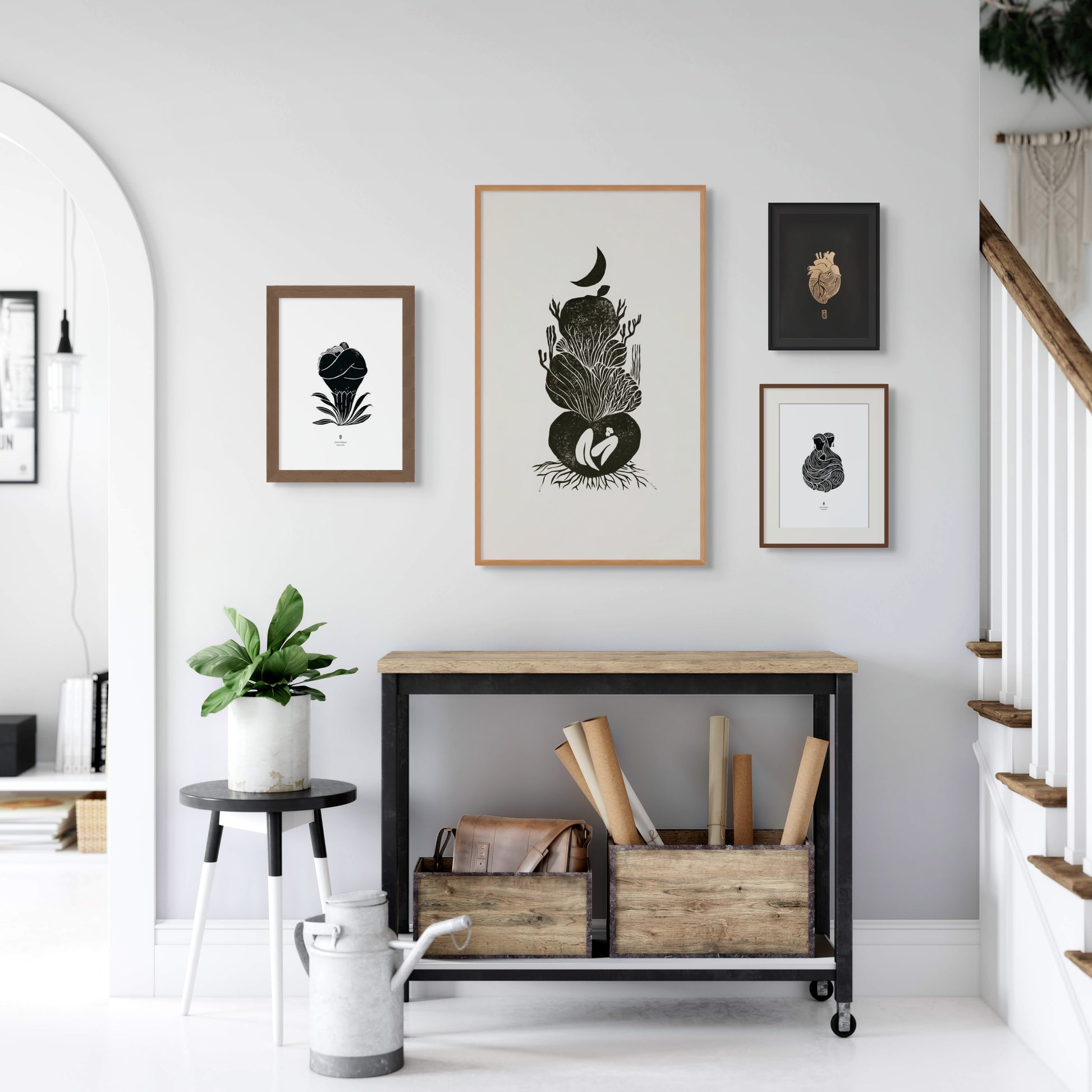 Modern interior with framed artwork on a wall above a console table.