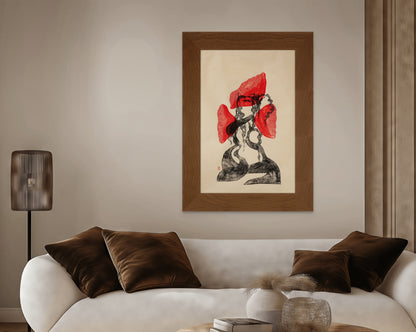 Living room with a white sofa, brown cushions, a lamp, and a framed red and black artwork on the wall.