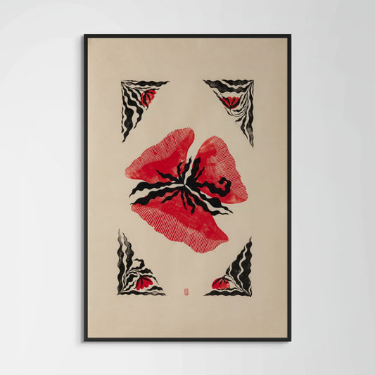 Framed artwork with a red flower and black patterns on a beige background