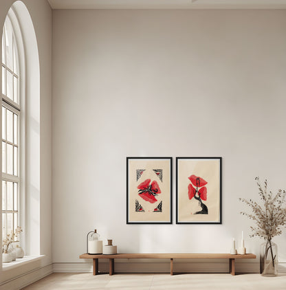 Two framed artworks on a wall with a wooden bench and decorative items below.
