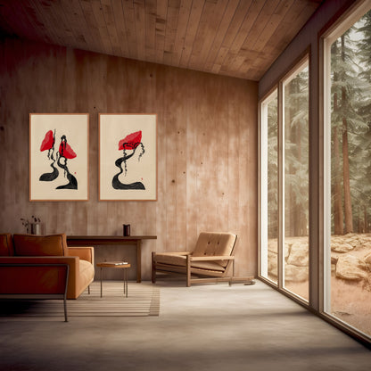 Modern interior with wooden walls, furniture, and large windows overlooking a forest.
