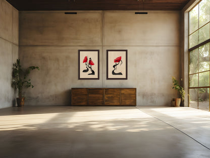 Modern interior with concrete walls, wooden cabinet, and framed artwork.