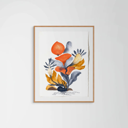 Homeland Bloom - Original watercolor painting on ARCHES paper featuring orange and blue Mediterranean botanical forms