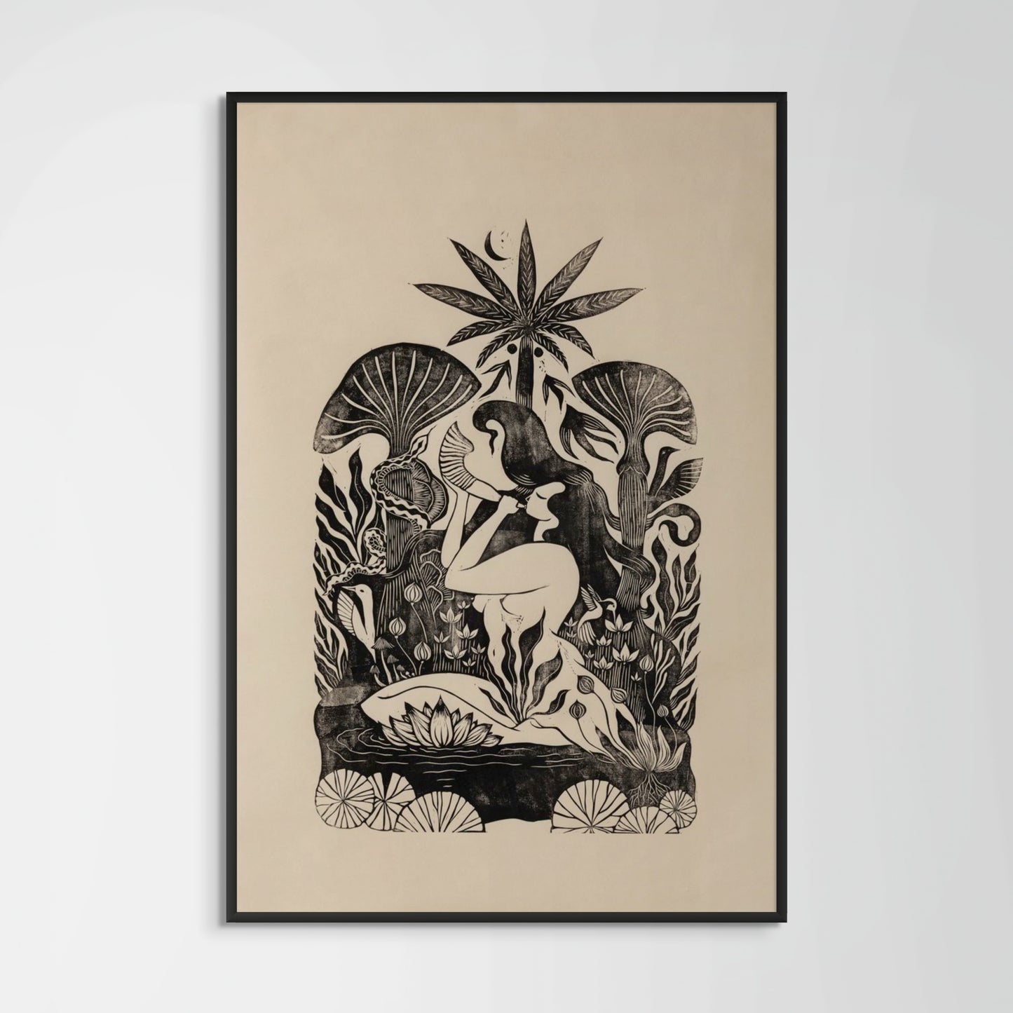 Woman blowing shofar surrounded by forest flora and fauna including snake, birds, lotus flowers, and mushrooms - original linocut print on Japanese washi paper