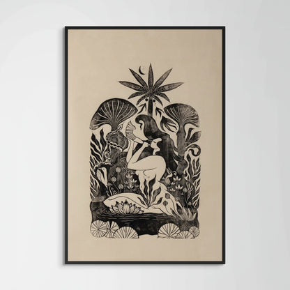 Woman blowing shofar surrounded by forest flora and fauna including snake, birds, lotus flowers, and mushrooms - original linocut print on Japanese washi paper