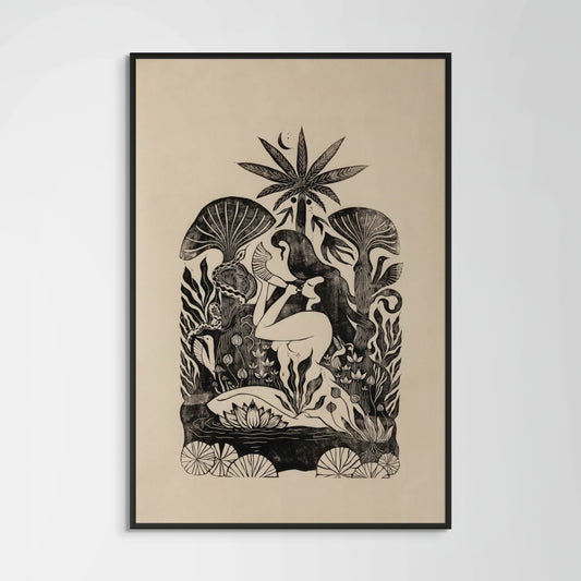 Woman blowing shofar surrounded by forest flora and fauna including snake, birds, lotus flowers, and mushrooms - original linocut print on Japanese washi paper
